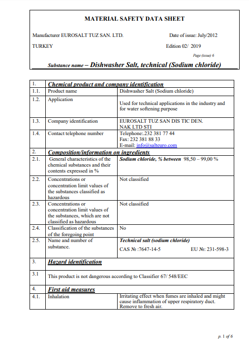 MSDS Dishwasher Salt