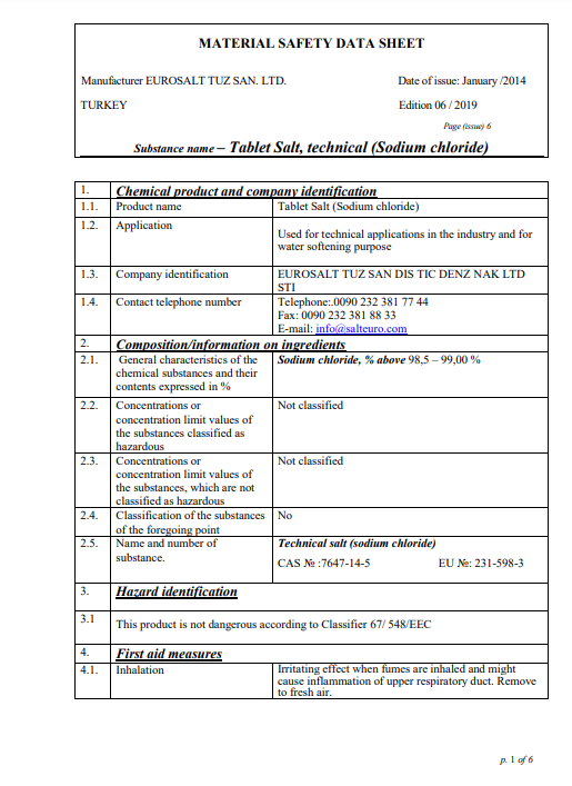 MSDS Fine Tablet Sea Salt