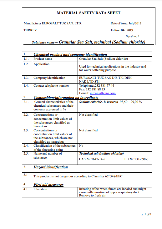 MSDS Granular Sea Salt